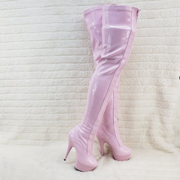 Baby Pink White Patent Platform Thigh High Heel Front Zipper / Lace up Boots - Picture 4 of 12